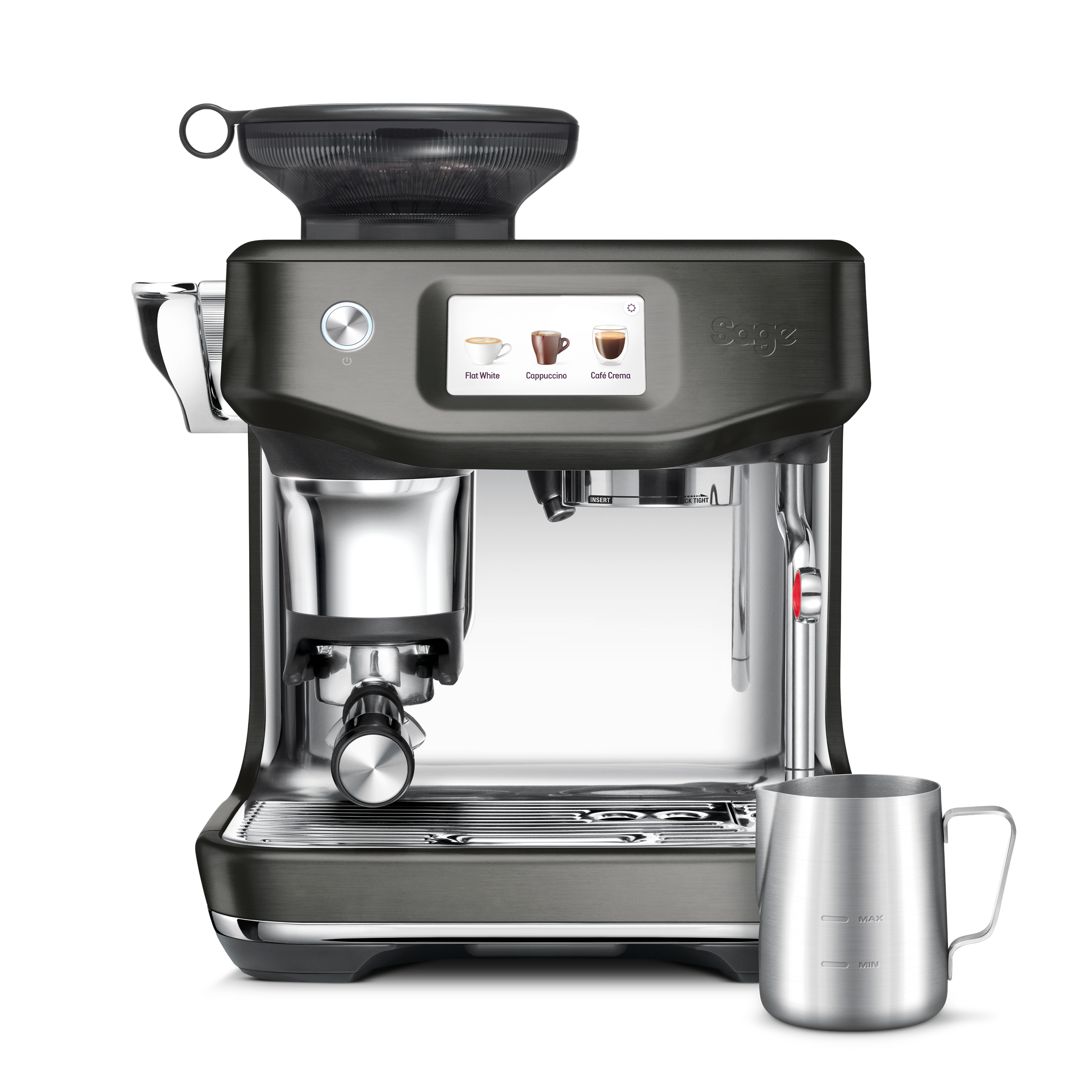 Dunkelgraue Espressomaschine mit schwarzem Bildschirm und Edelstahlkrug.