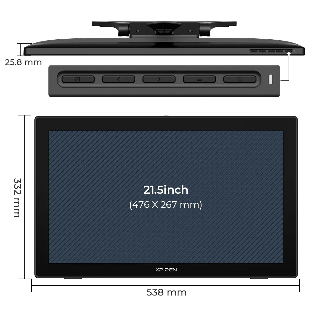 XP-PEN monitor, fekete képernyő méretekkel, fekete keretben, fehér alapon.