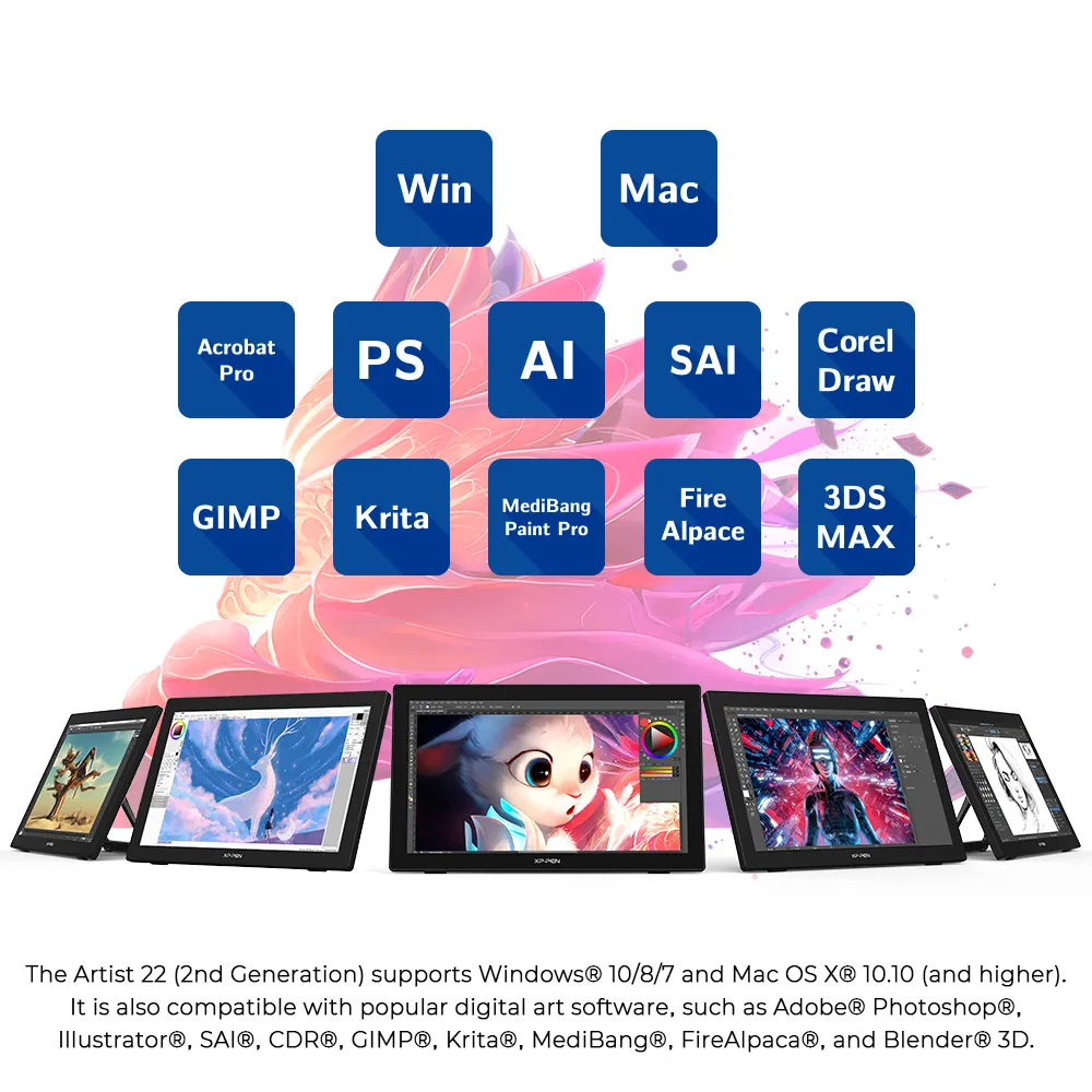 Tabletek és szoftverikonok (Windows, Mac, Adobe stb.)