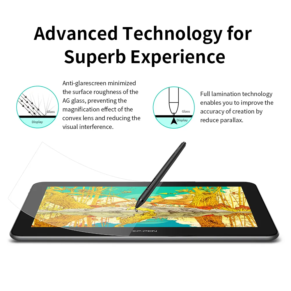 Egy tablet tollal, és szöveg a kiváló élményt nyújtó fejlett technológiáról, tükröződésmentességet és laminálást mutatva.