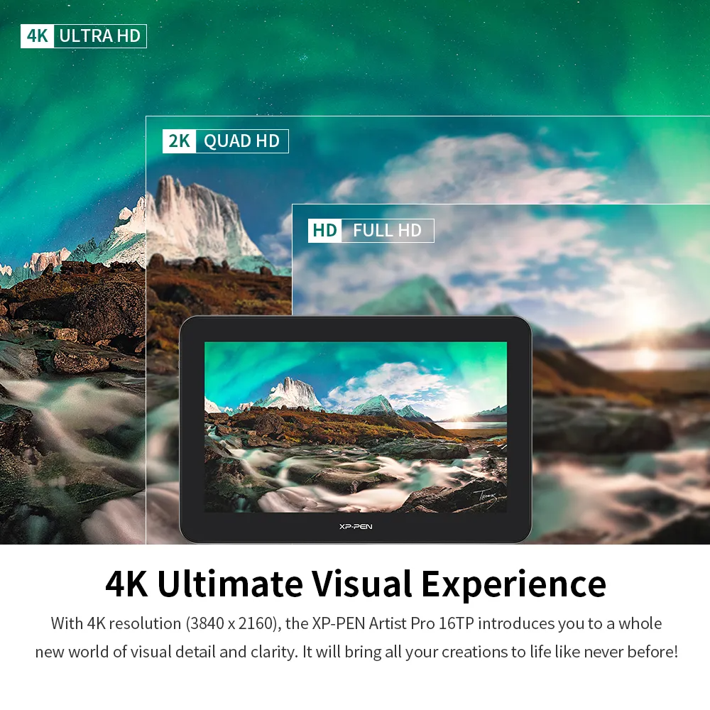 Egy táblagép, amely egy tájkép jelenetet mutat, a 4K Ultimate Visual Experience-ről szóló szöveggel.
