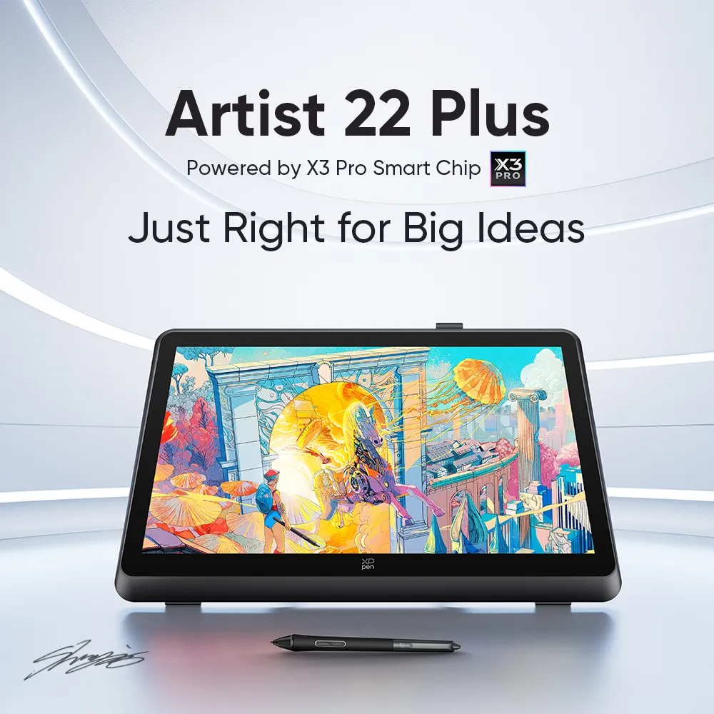 Táblagép színes kijelzővel. Szöveg: Artist 22 Plus. Stylus a felületen.