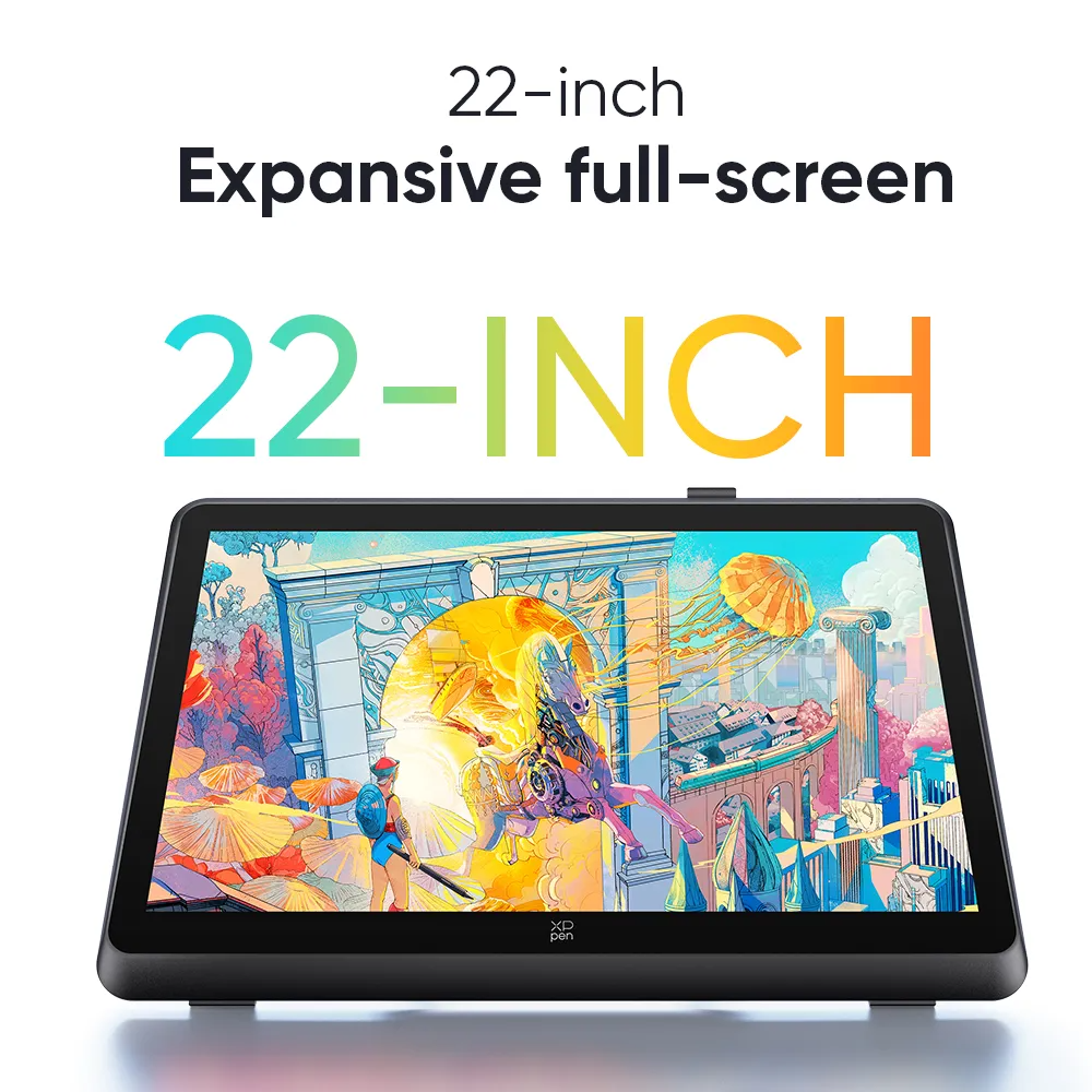 Egy fekete rajztábla színes képernyővel, ami művészetet mutat. A szöveg: 22-inch full-screen.