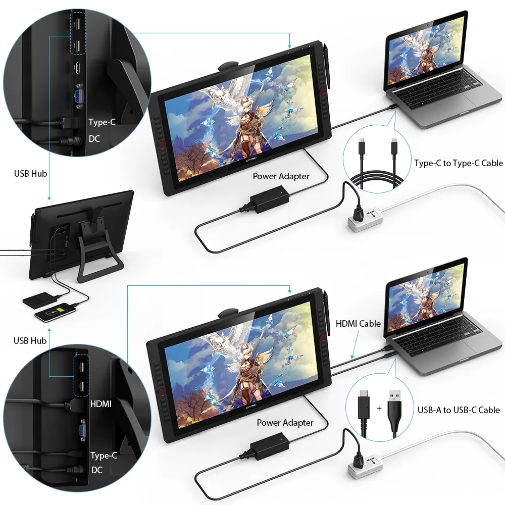 Diagram egy digitális rajztábláról, mely USB és HDMI kábelekkel csatlakozik laptophoz.