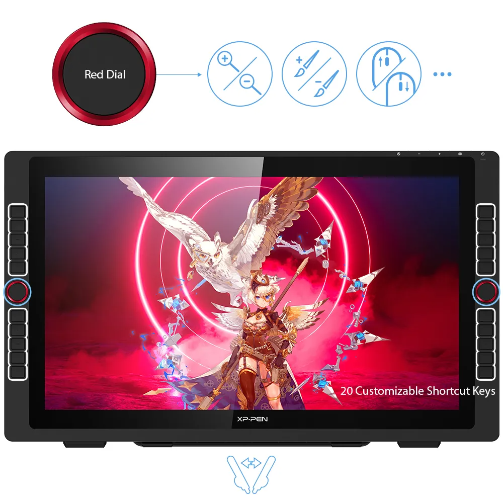 Fekete tablet, rajta fantasy műalkotás látható, piros tárcsával és gyorsbillentyűkkel.