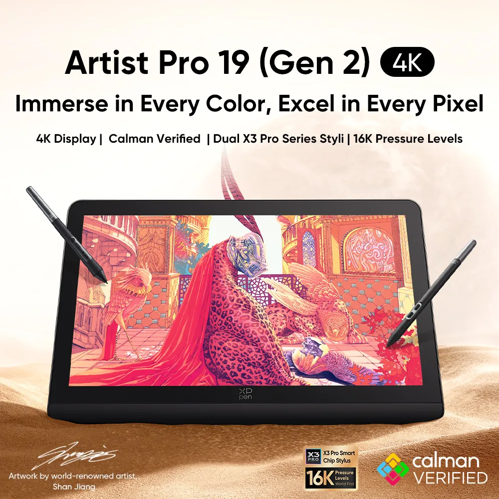 XP-Pen Artist Pro 19 táblagépen műalkotás látható. Stylusok a kijelzőn.