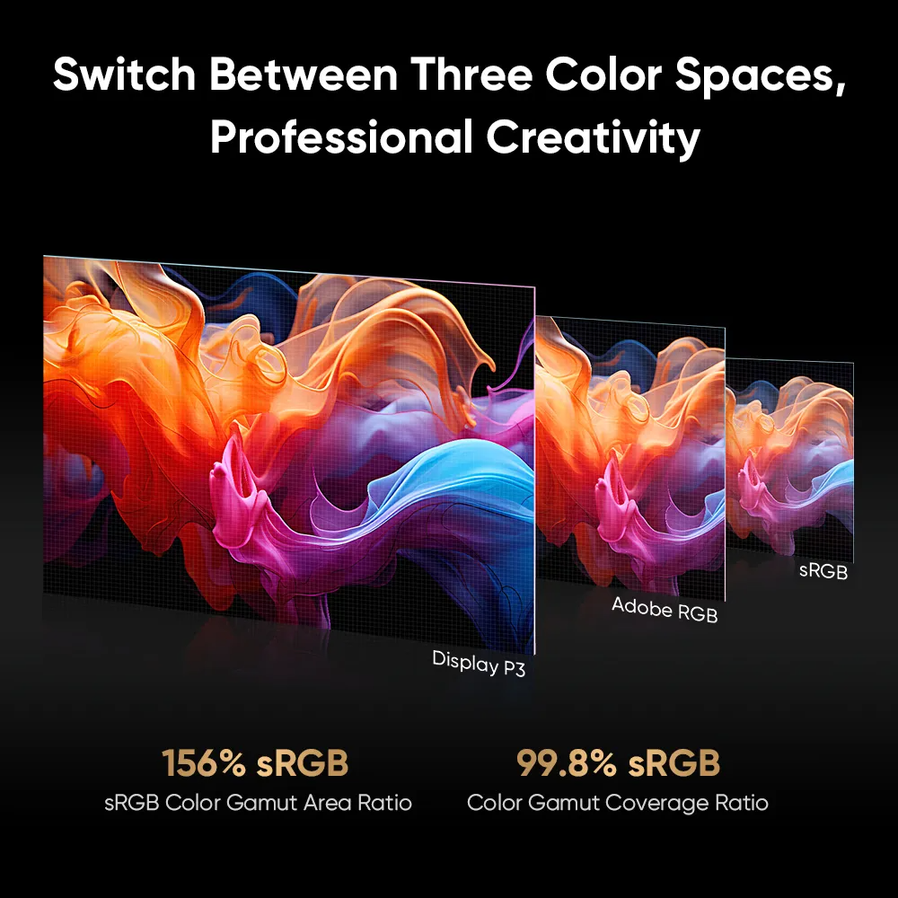 Három képernyő, amelyek különböző színtérbeállításokat mutatnak: Display P3, Adobe RGB és sRGB.