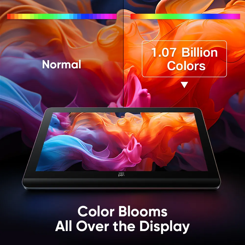 XP-Pen tablet színes absztrakt művészettel. A felirat: 'Color Blooms All Over the Display'.