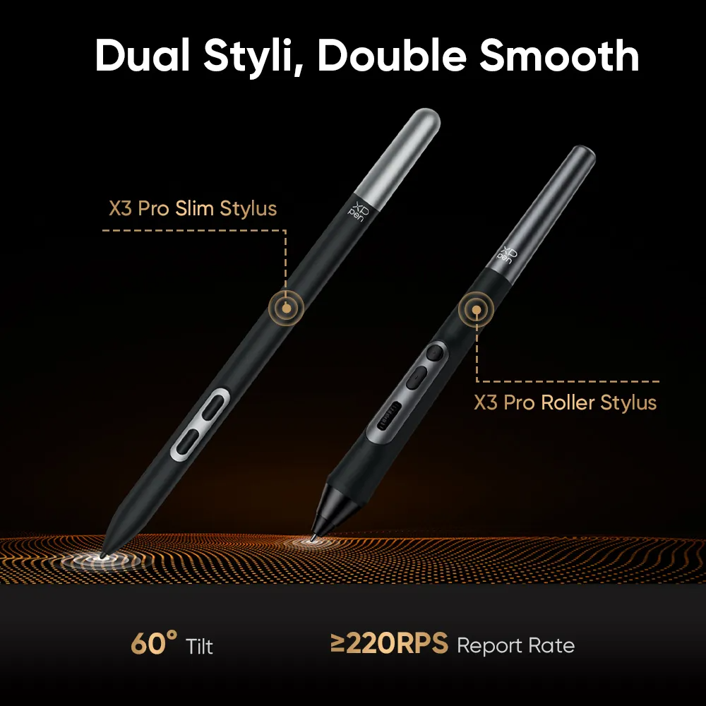 Két fekete stylus címkékkel, fekete háttéren. X3 Pro Slim és Roller Stylus.