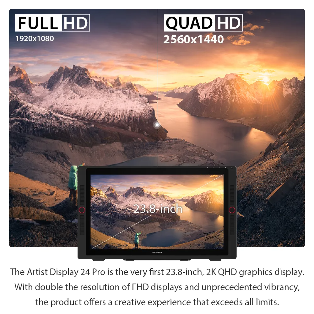 Digitális művészeti táblagép hegyekkel, Full HD/Quad HD összehasonlítás.