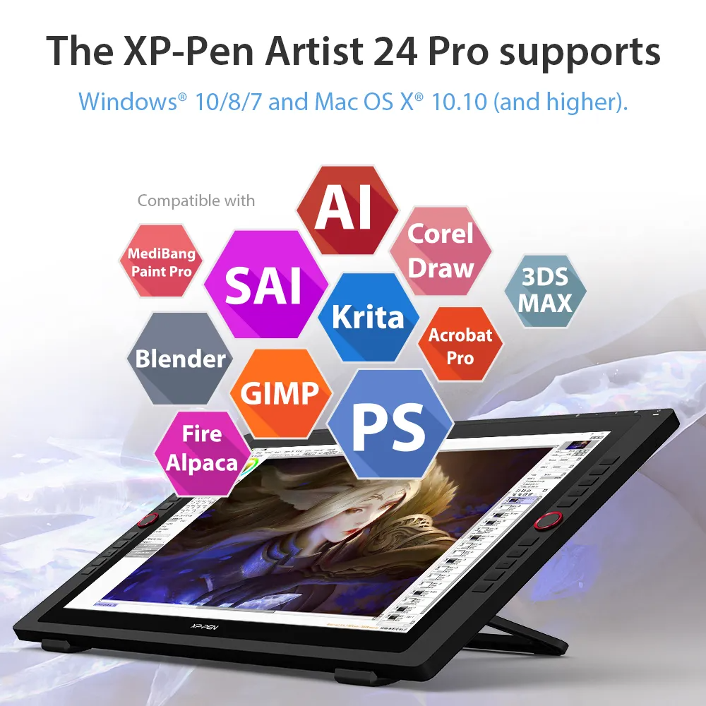 XP-Pen Artist 24 Pro táblagép a kompatibilis szoftverek logóival körülvéve.