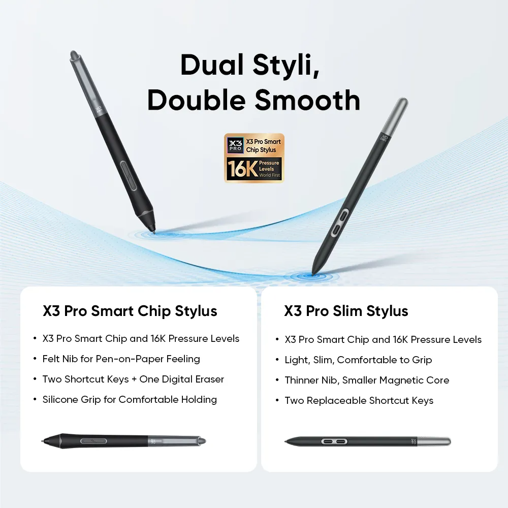 Stylusok szöveggel: X3 Pro Smart Chip Stylus és X3 Pro Slim Stylus, a funkciókkal.