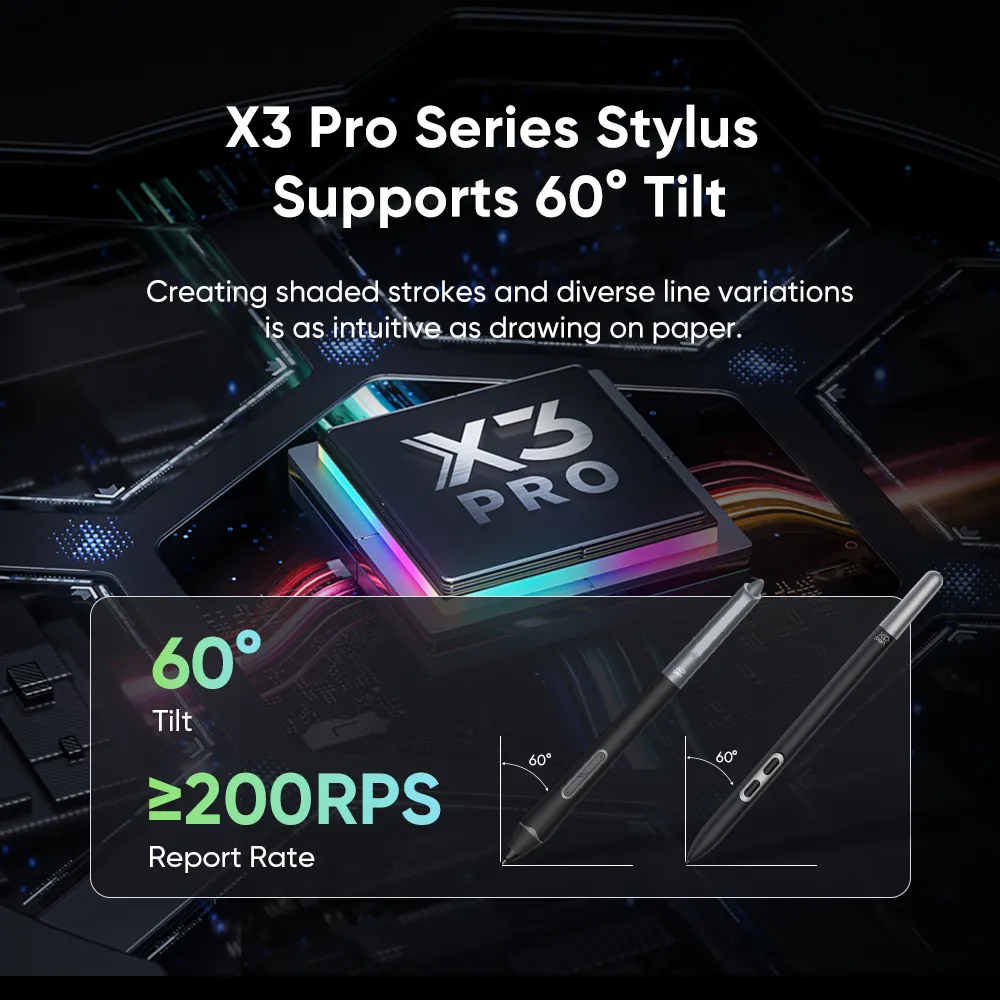 Egy X3 Pro Series Stylus, a dőlésszög támogatását és a 200 RPS jelentési sebességet népszerűsítő szöveggel.