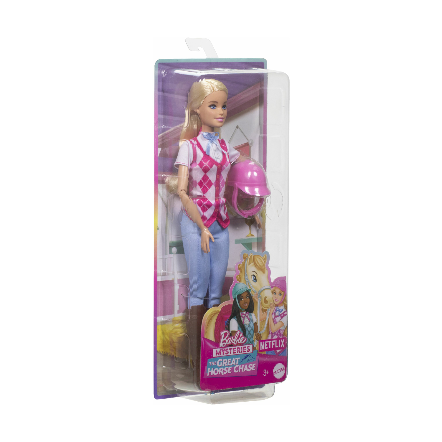 Bambola Barbie in confezione, con abbigliamento da equitazione, con immagine di cavallo.