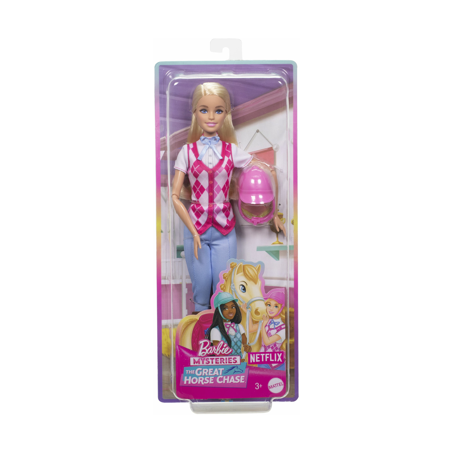 Bambola Barbie in abito equestre, in una confezione con un'immagine di cavallo.