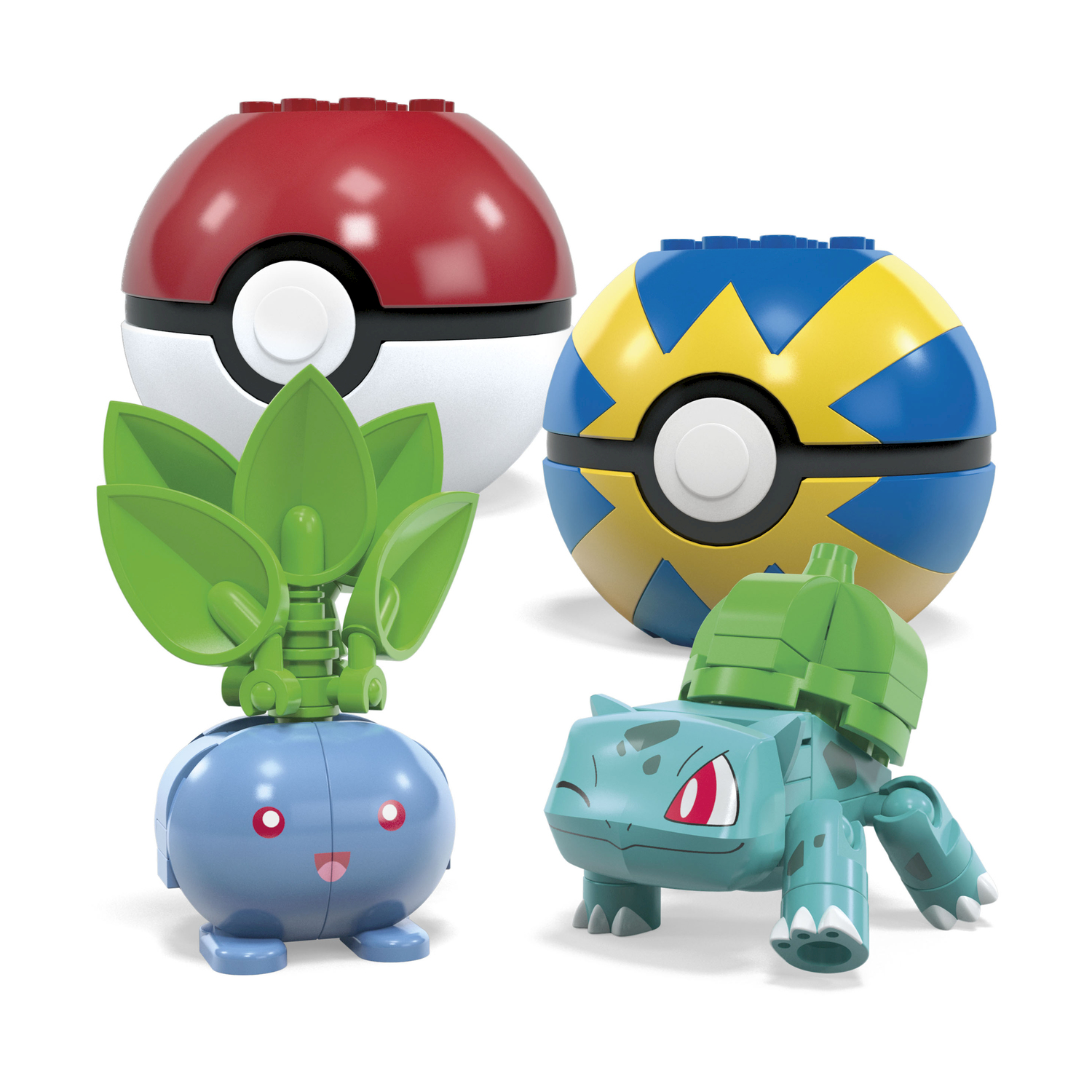 Quattro personaggi giocattolo: una Pokeball rossa e bianca, una Pokeball blu e gialla e due personaggi Pokemon.