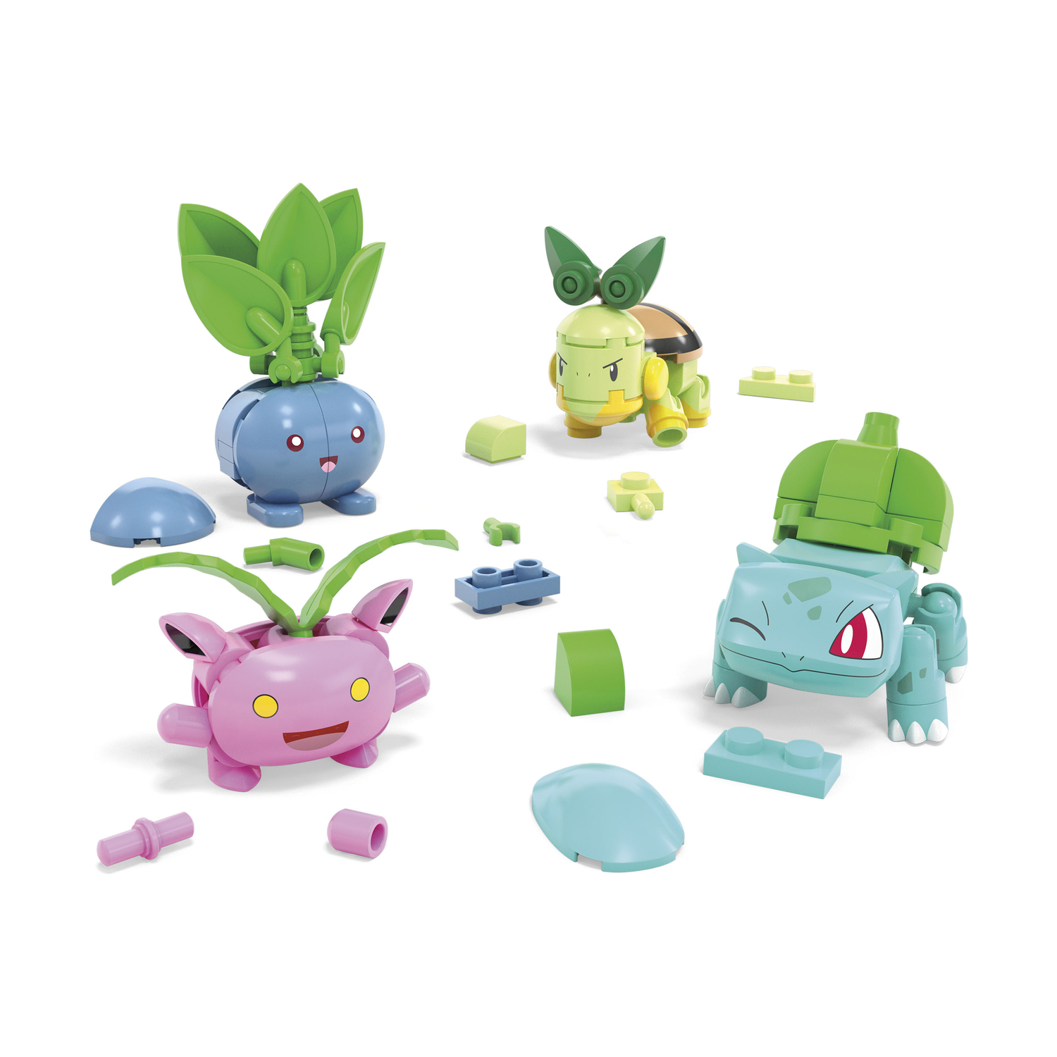 Set di blocchi di costruzione Pokémon con quattro personaggi: Ivysaur, Bulbasaur, Oddish e un Turtwig, su bianco.