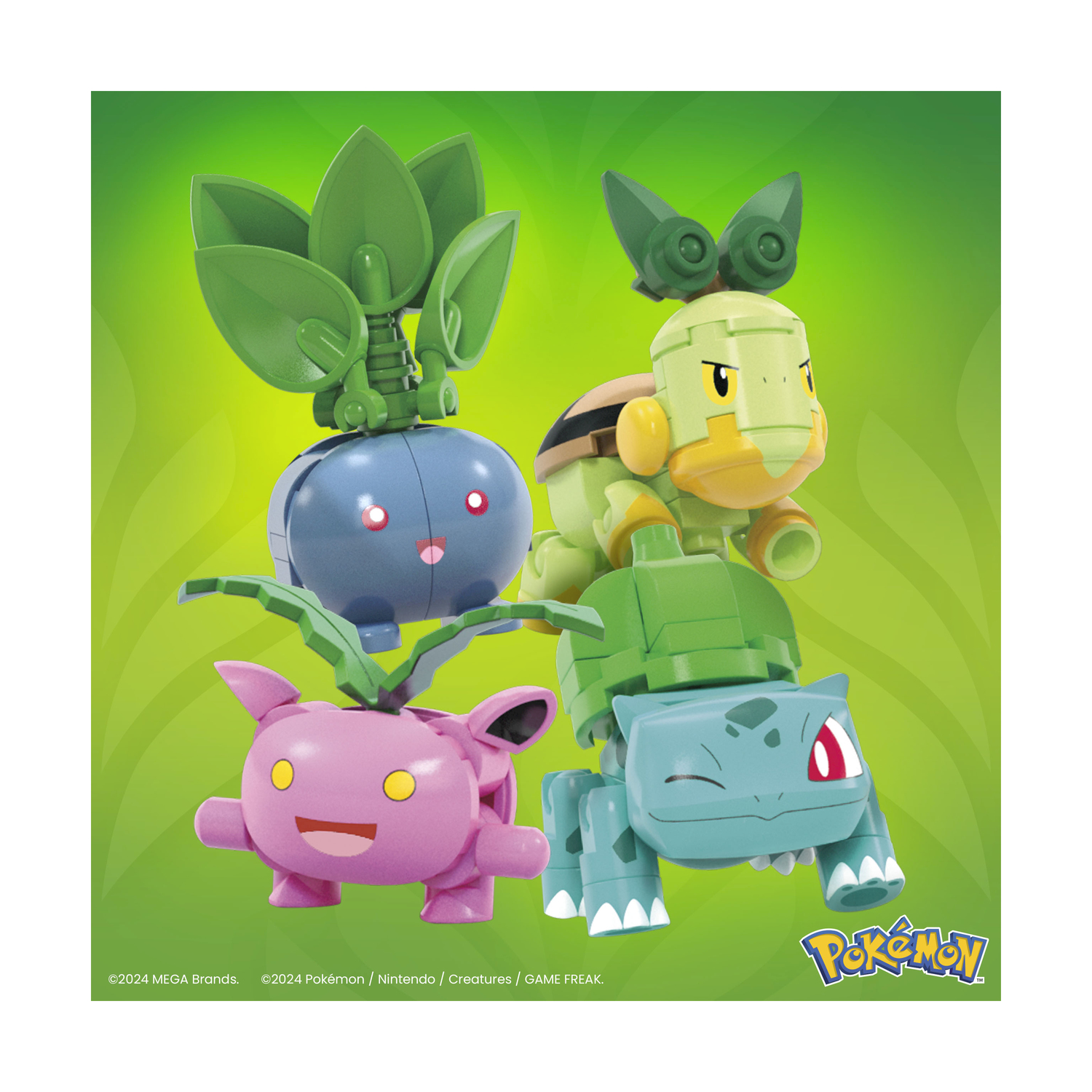 Quattro figure di Pokémon su sfondo verde.
