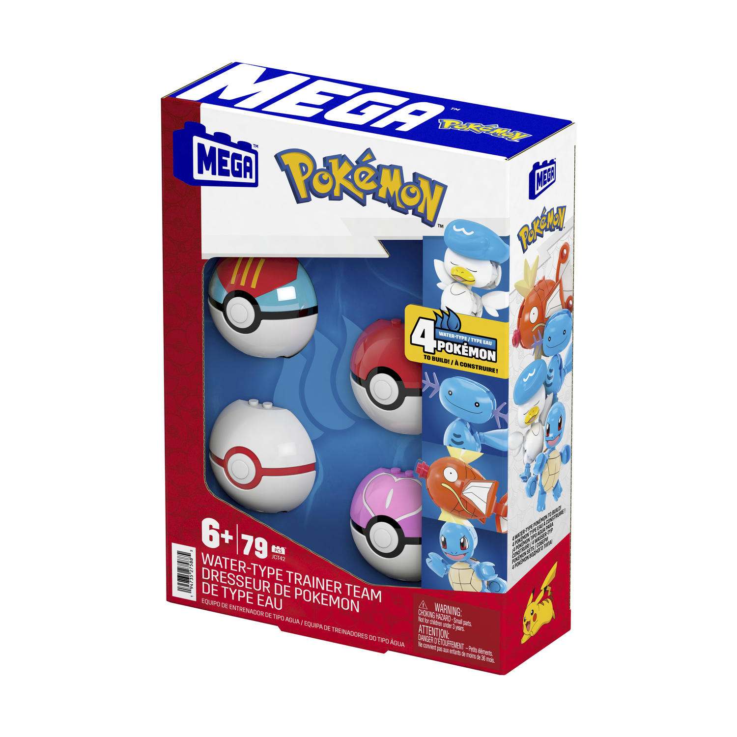 Una scatola Mega Pokémon con Poké Ball, 4 figure di Pokémon e testo. La scatola è bianca e rossa.