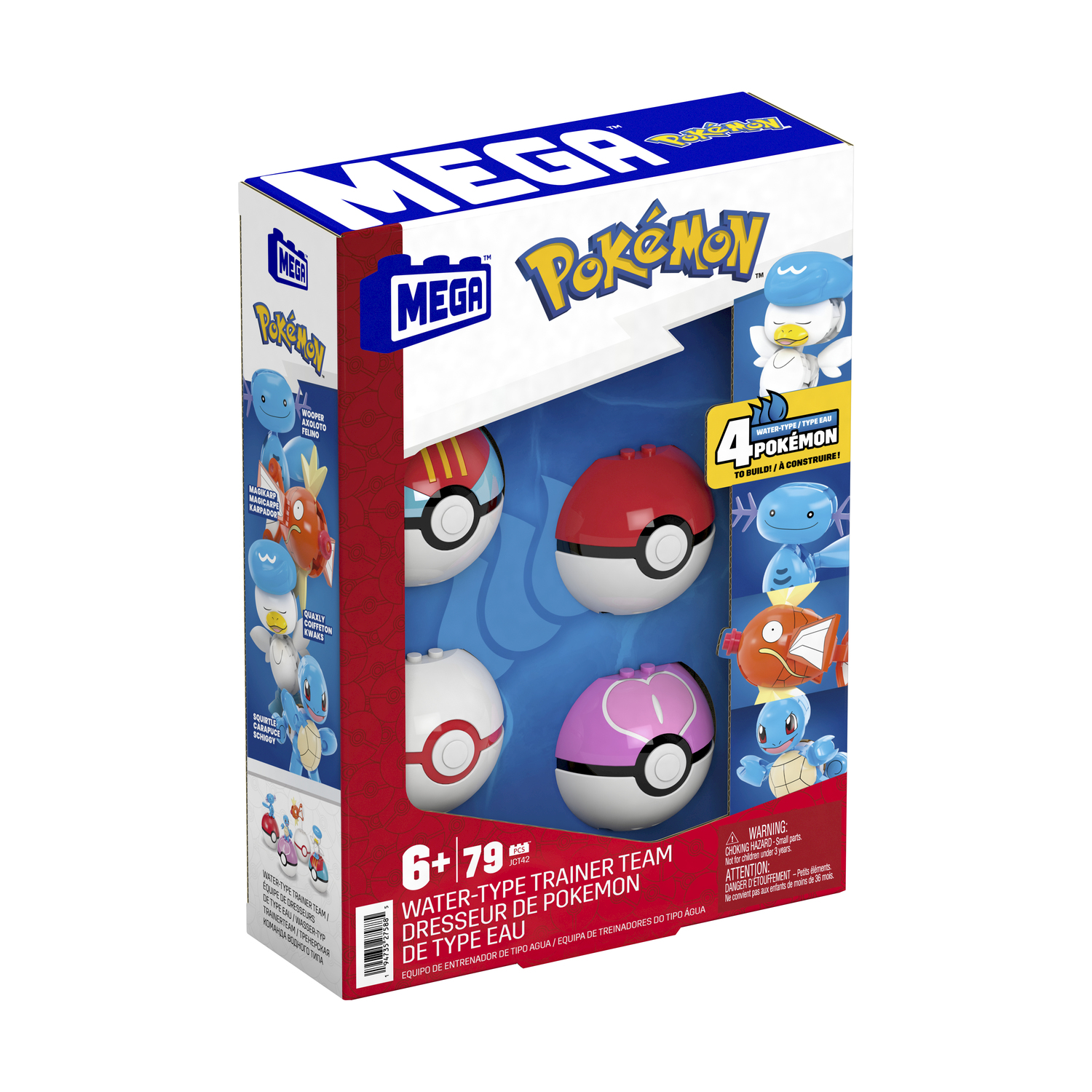 Set Mega Pokémon in scatola con quattro mattoncini a forma di Poké Ball, con vari Pokémon.