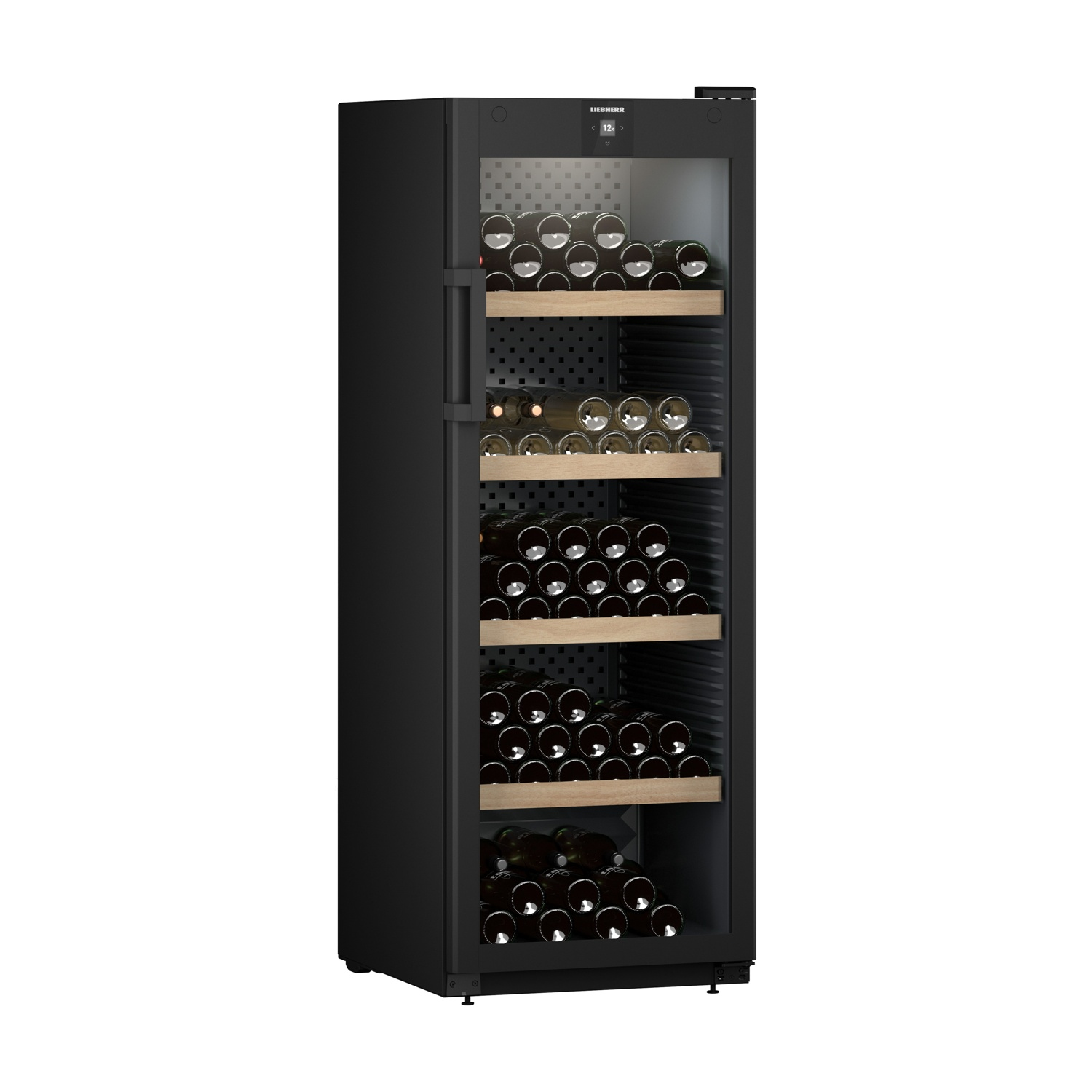 Cantinetta nera con porta in vetro, piena di bottiglie di vino.
