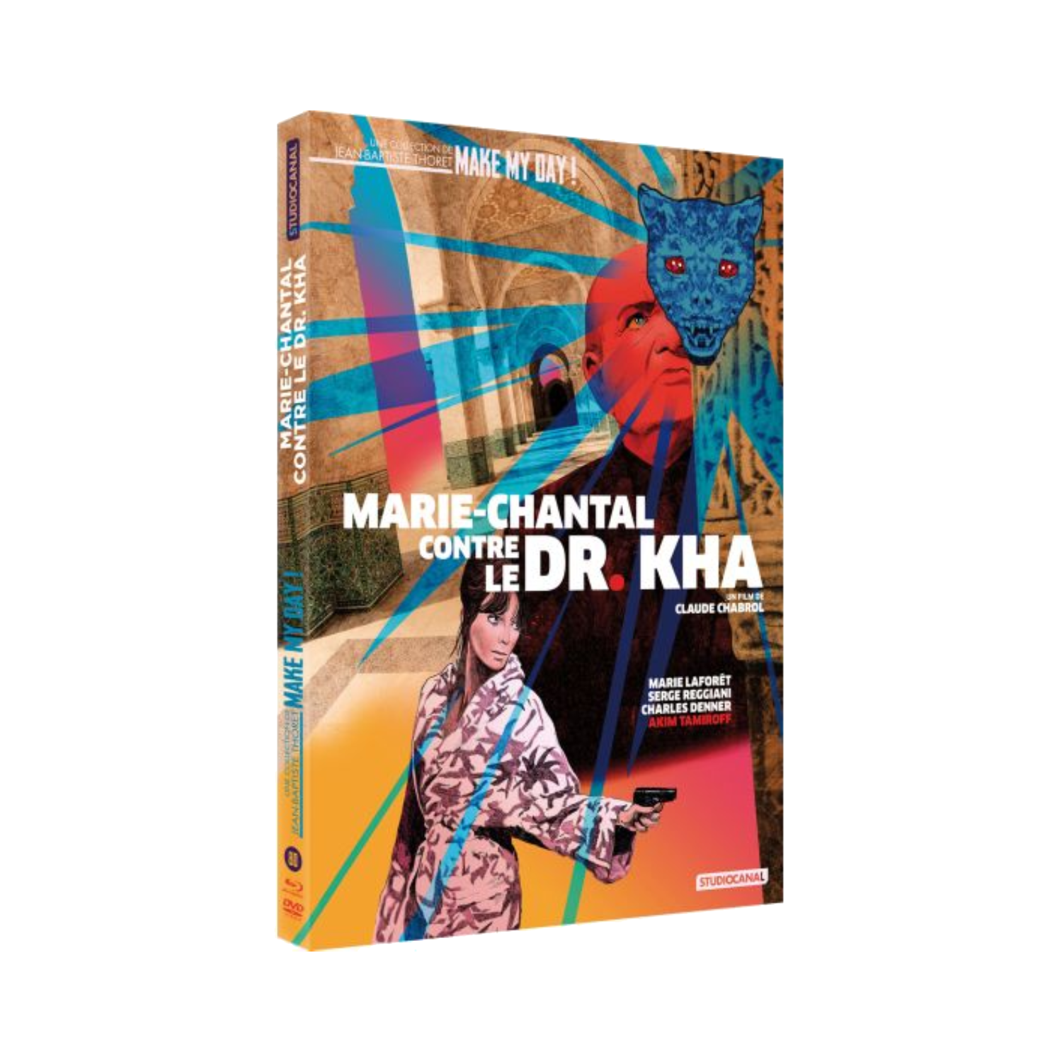 DVD-hoes van 'Marie-Chantal contre le Dr. Kha'. Toont een vrouw met een pistool en een blauwe wolfafbeelding.