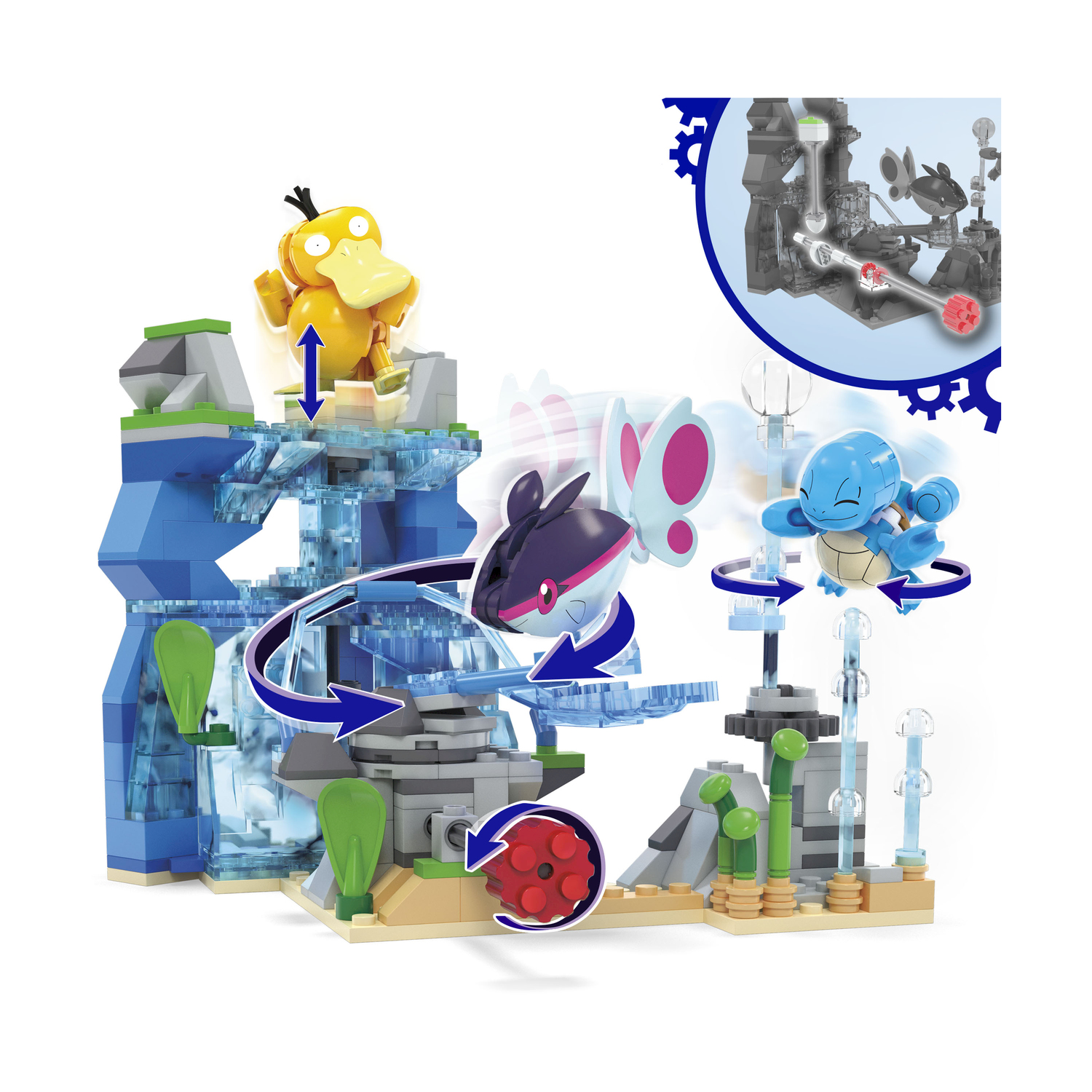 Set Lego con personaggi dei cartoni animati e costruzione. Sfondo bianco.