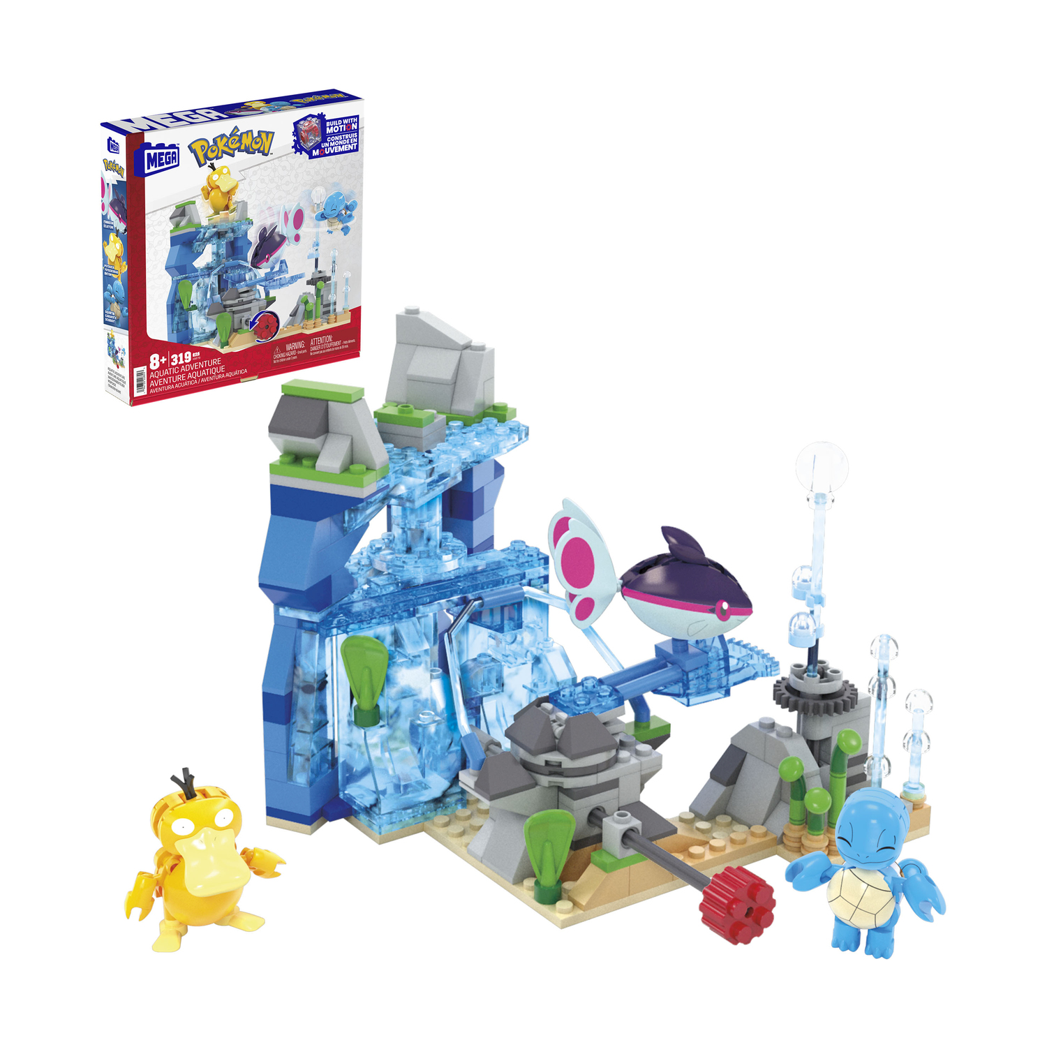 Playset Mega Construx Pokémon: struttura blu, due personaggi e una scatola.
