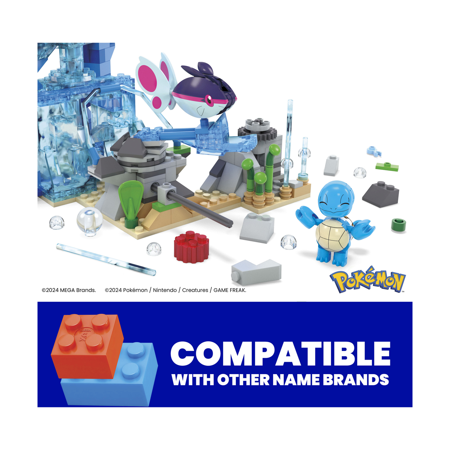 Un set Lego con un edificio blu, una figura di Squirtle. Il testo dice: Compatibile con altri marchi.