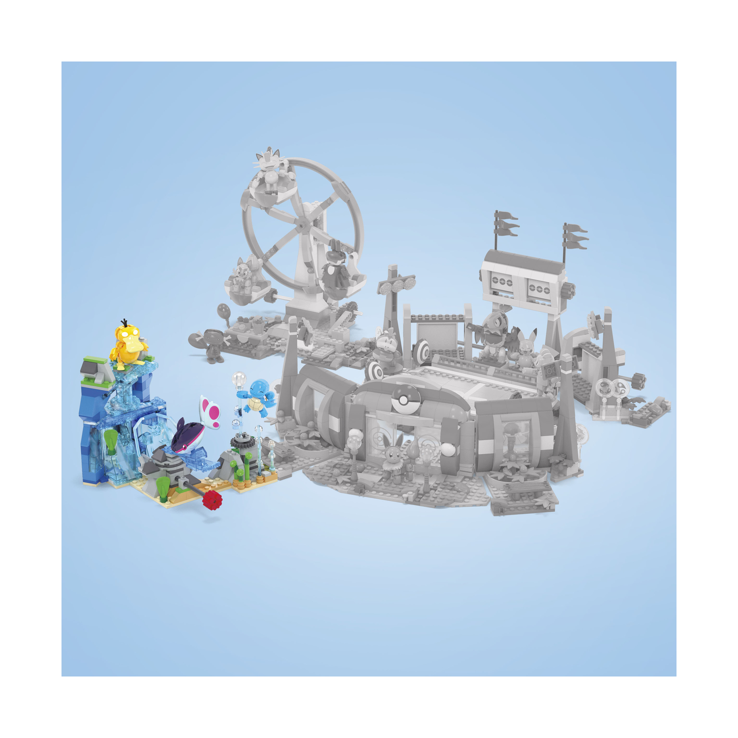 Un set Lego che raffigura una fiera con una ruota panoramica, bancarelle e personaggi dei cartoni animati. Sfondo azzurro.