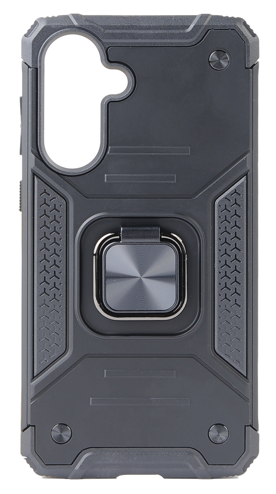 Eine schwarze Handyhülle mit einem Ringhalter und einem strukturierten Design.