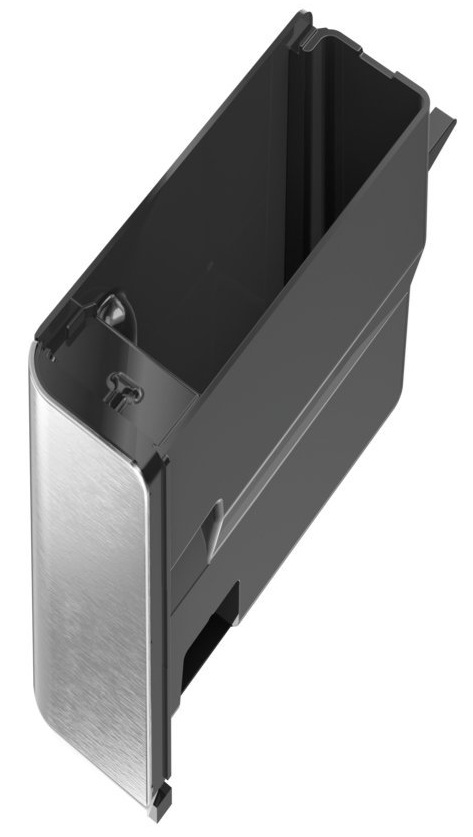 Kątowe czarno-srebrne urządzenie, prawdopodobnie komponent. Czarne wnętrze, srebrny zewnętrzny.