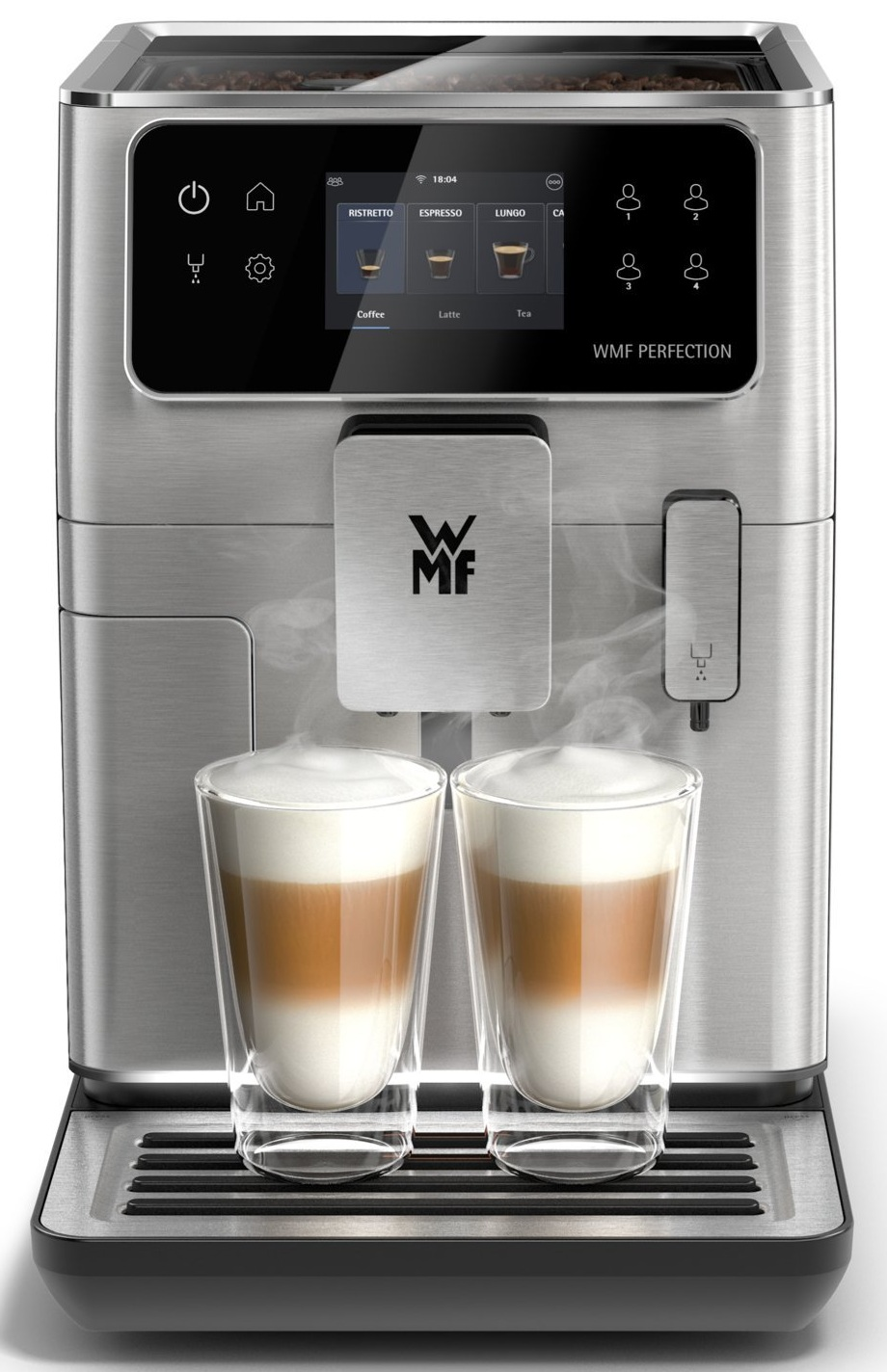 Srebrny ekspres do kawy z dwoma szklankami latte; widoczna para.