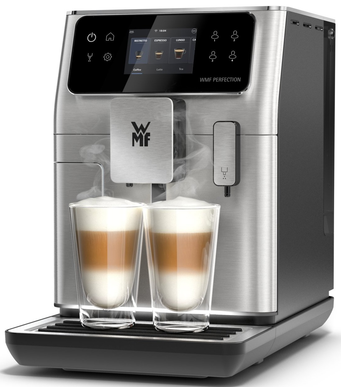 Srebrny ekspres do kawy parzący latte. Dwie szklanki z warstwową kawą i mlekiem.