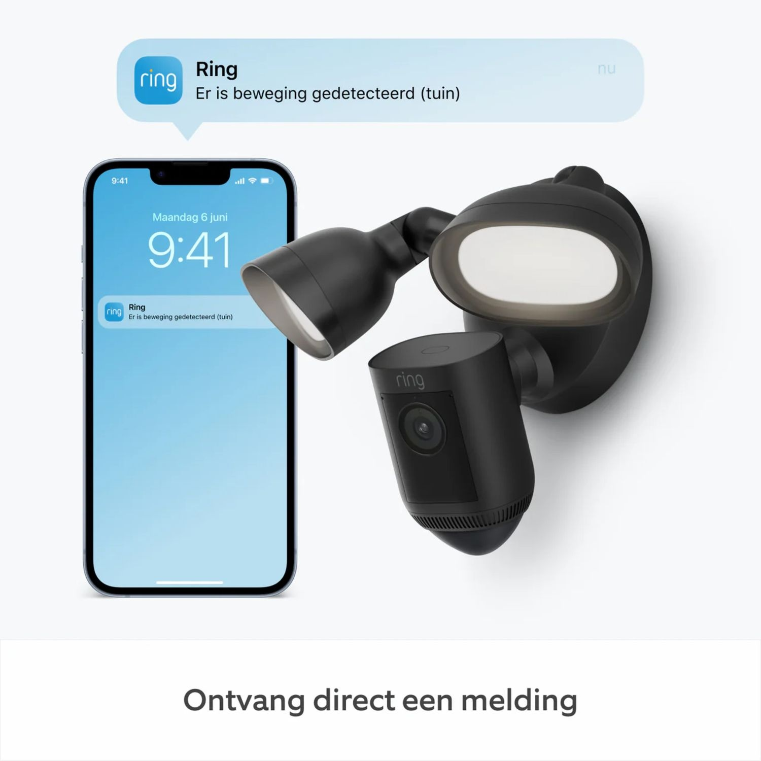 A smartphone displays a notification from Ring, showing motion detected. A security light and camera are present.