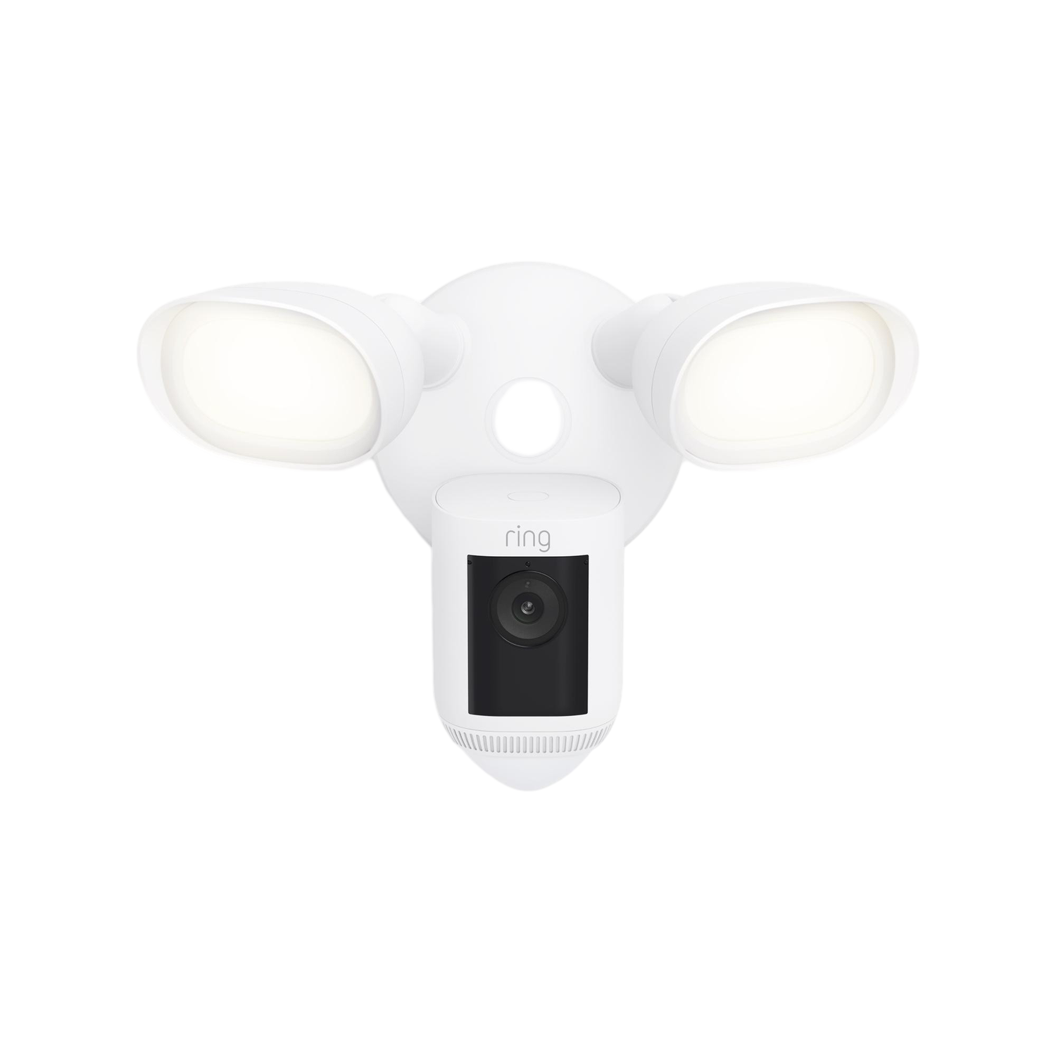 Witte Ring schijnwerper beveiligingscamera. Twee lampen bovenop, camera beneden. Zwarte achtergrond.