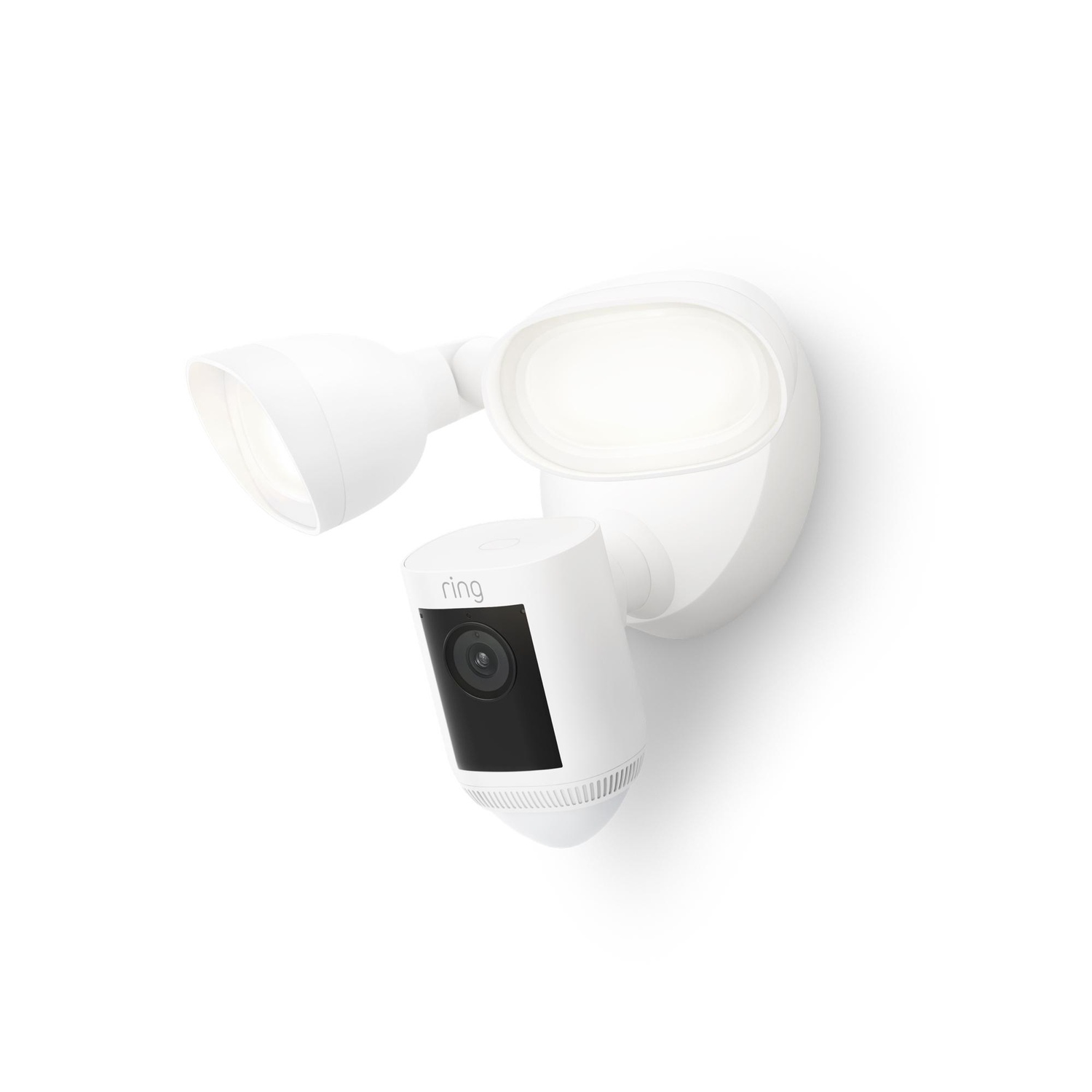 Witte Ring-beveiligingslamp met camera, gemonteerd op een witte muur, met helder licht.