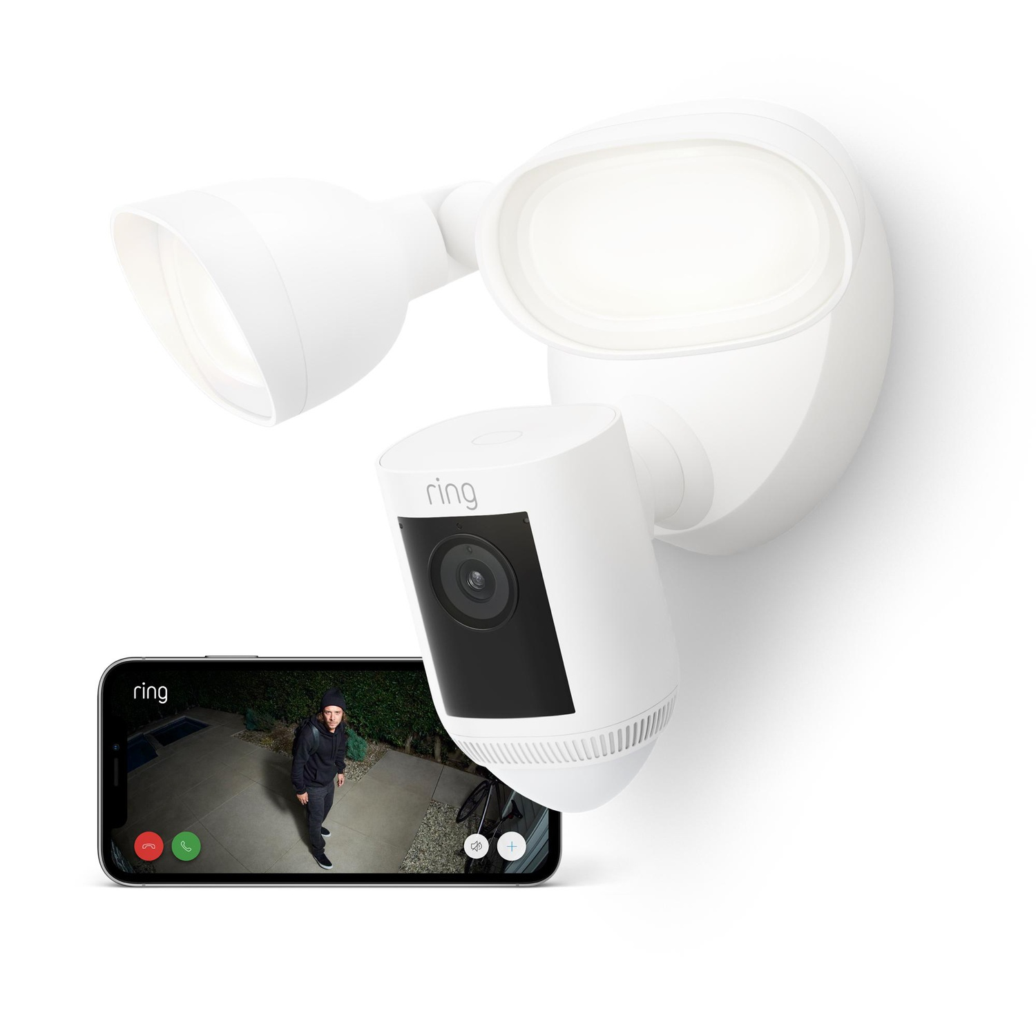 Witte veiligheidslamp met een camera. Een telefoon toont het camerabeeld met een persoon.