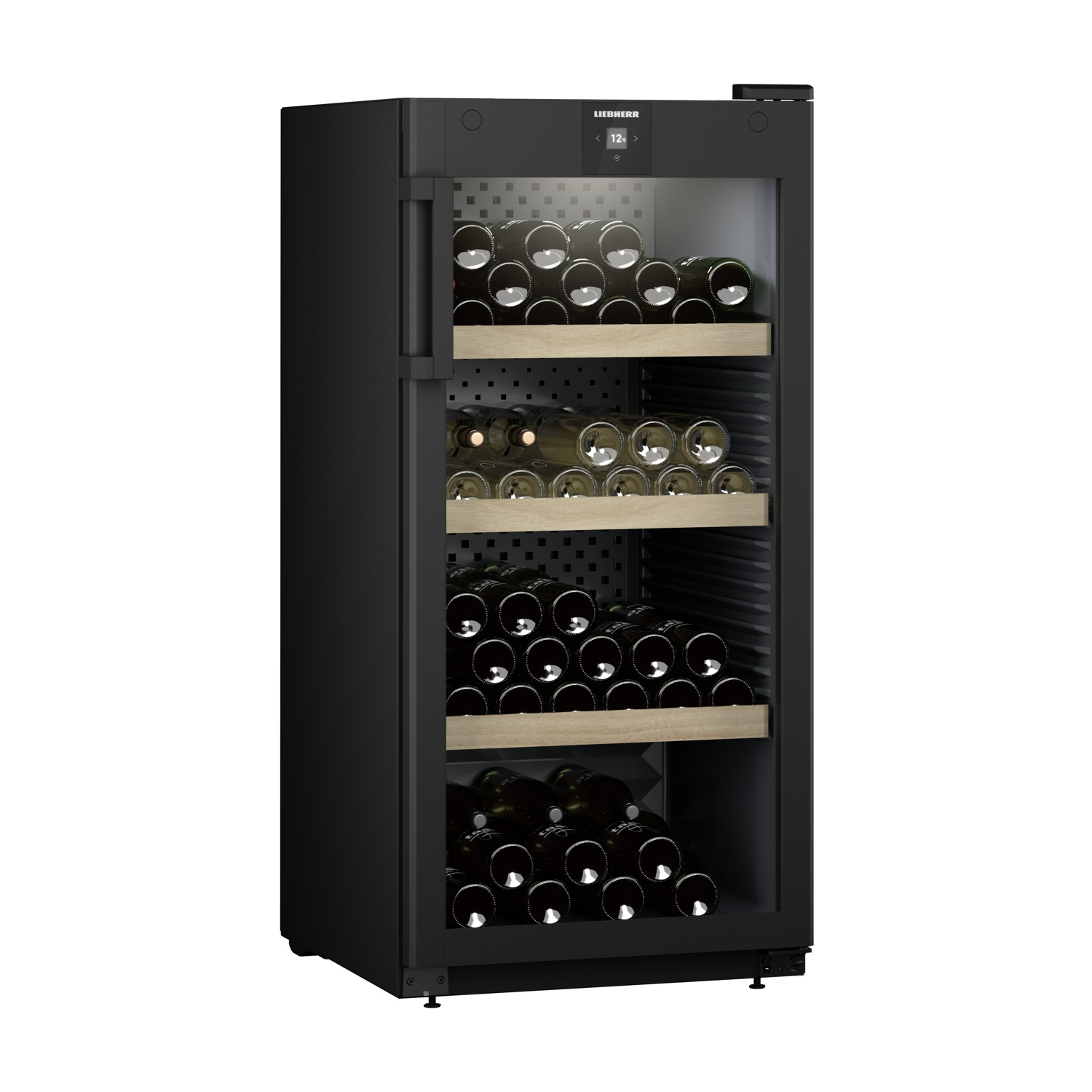 Cantinetta nera con porta a vetro, piena di bottiglie di vino su ripiani in legno.