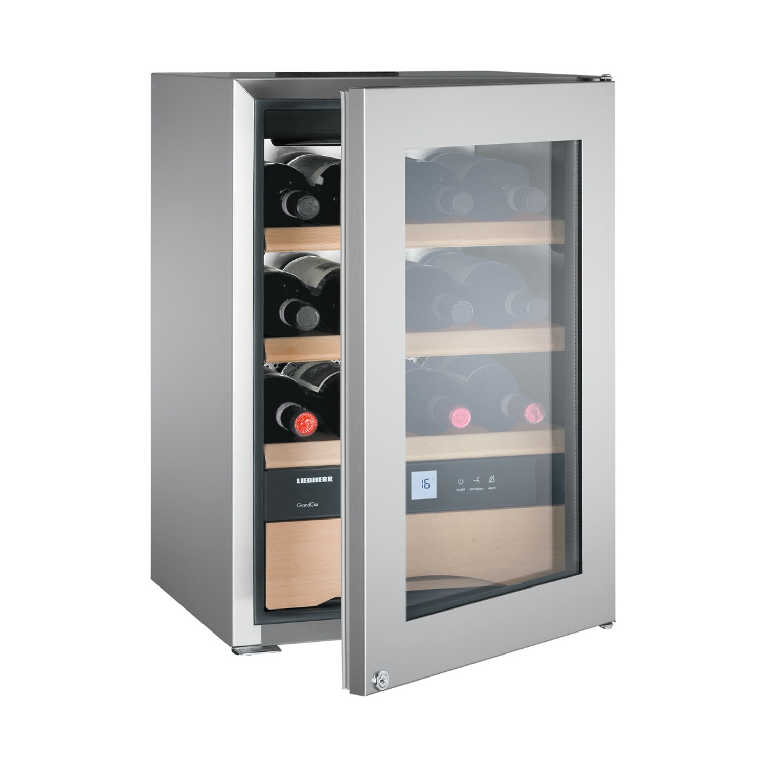 Cantinetta in acciaio inox con porta a vetro, mostra bottiglie di vino.