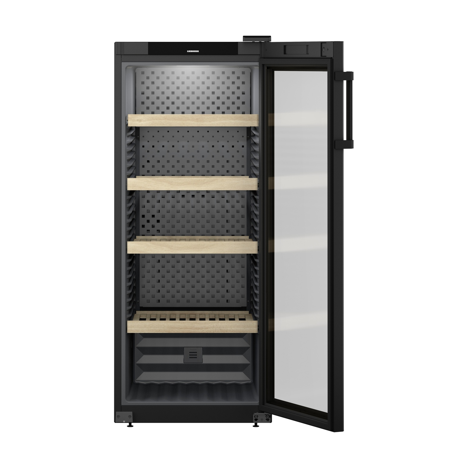 Un refrigeratore per vini Liebherr nero, con porta in vetro che rivela ripiani in legno e bottiglie di vino.