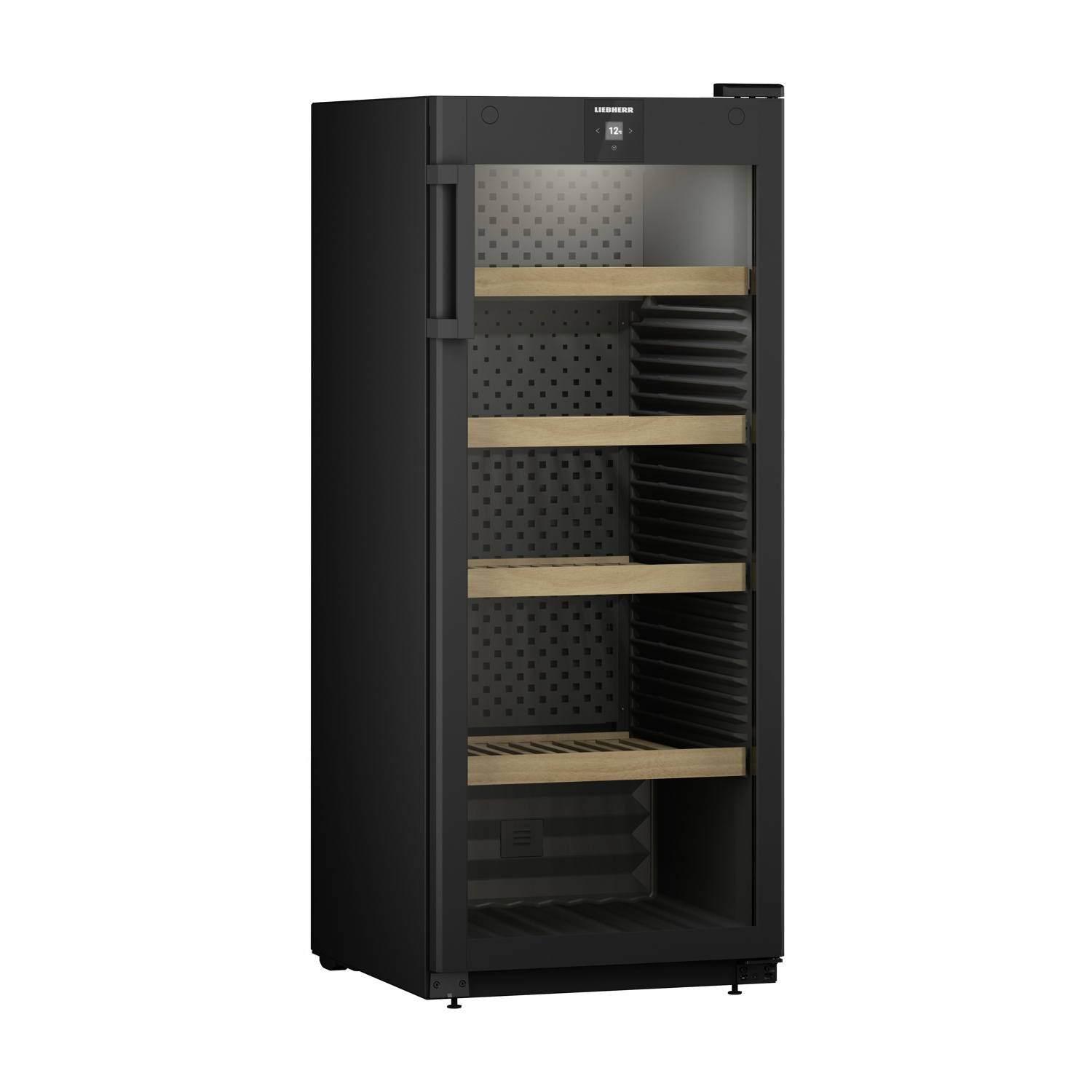 Cantinetta Liebherr nera con porta in vetro, ripiani e display digitale.