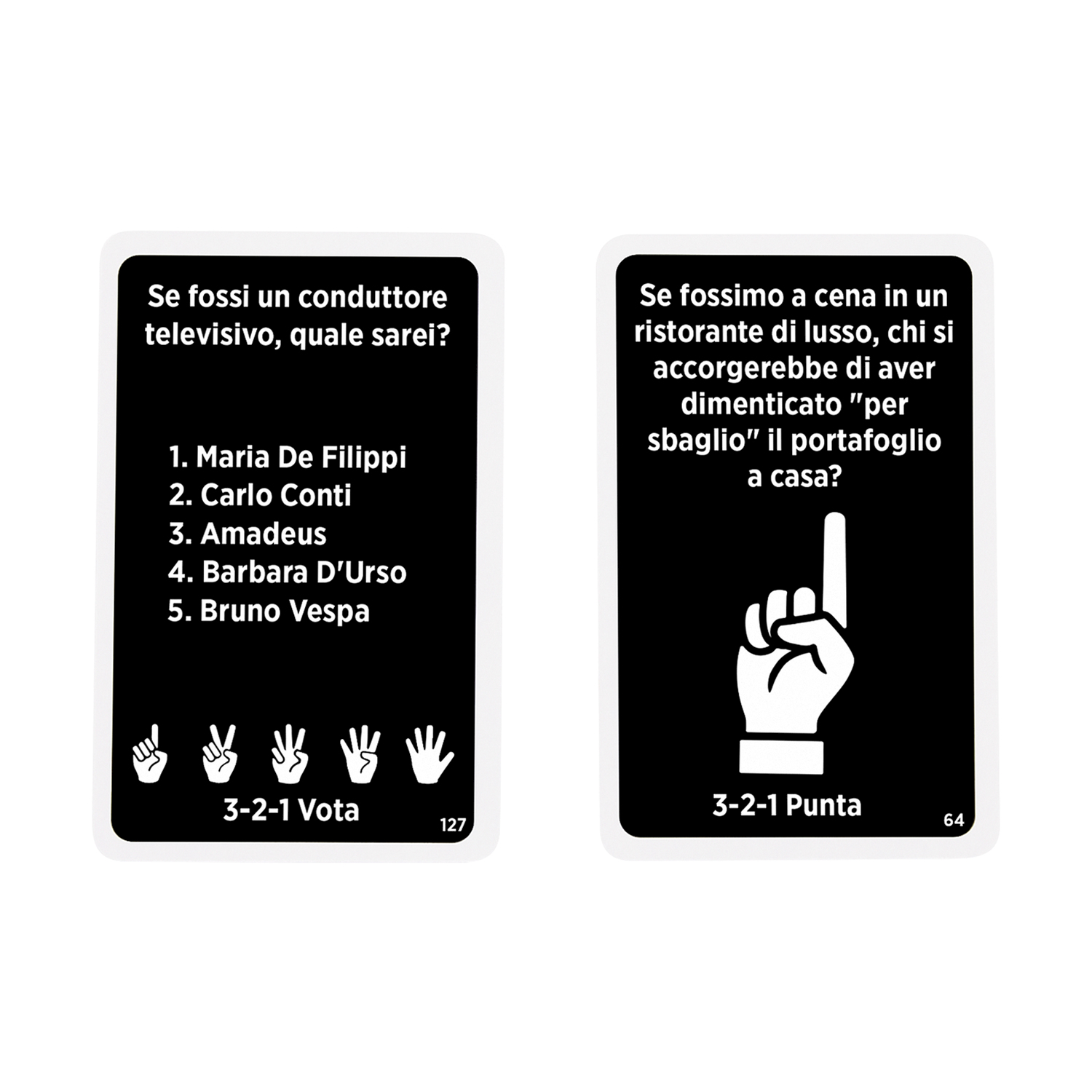 Due carte con domande su personaggi famosi. Una dice "3-2-1 Vota" e ha gesti delle mani.