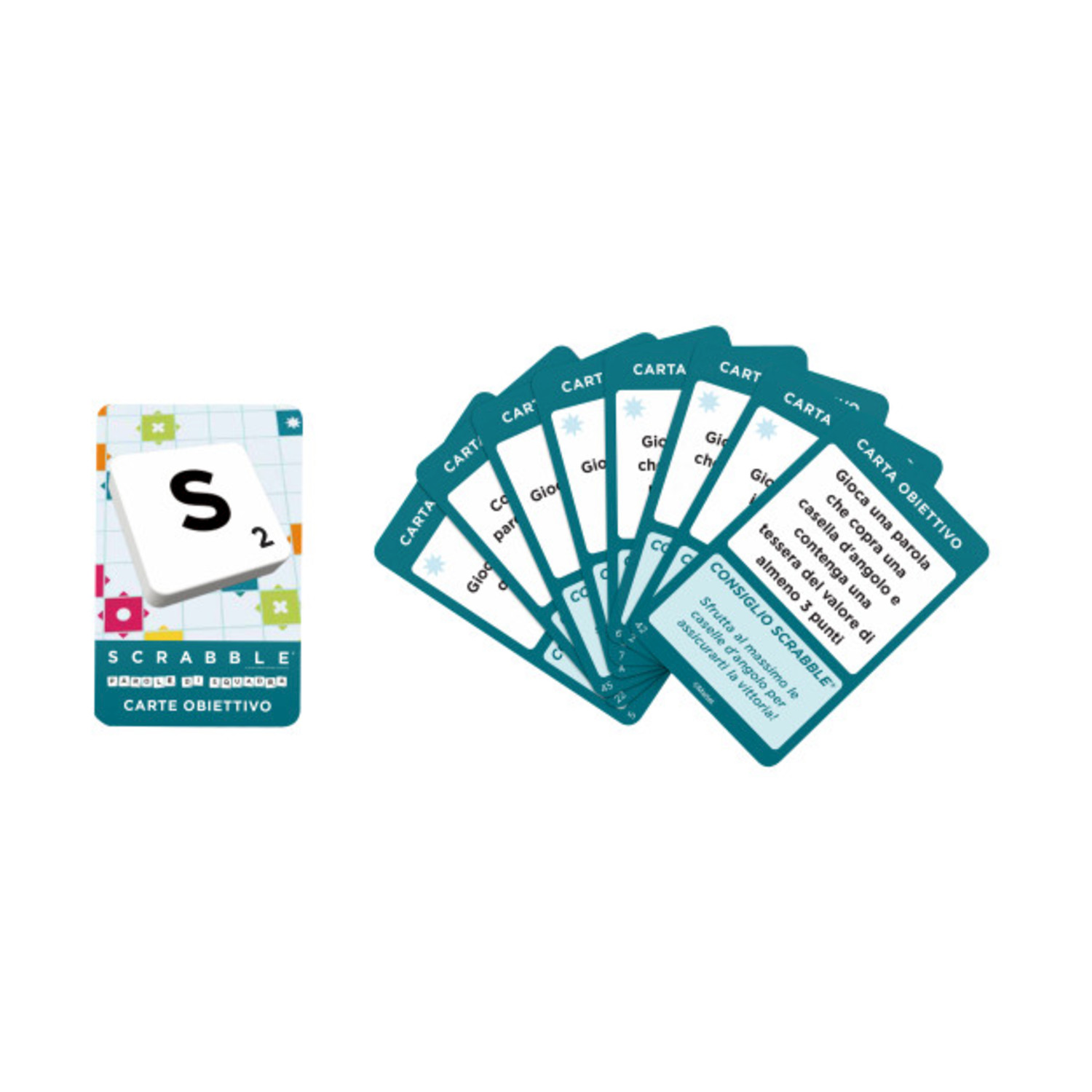 Carte obiettivo del gioco Scrabble, una con una tessera e altre a ventaglio.