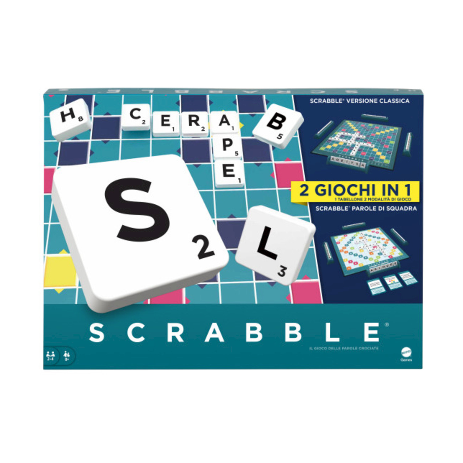 Scatola del gioco da tavolo Scrabble. La scatola mostra il tabellone, le tessere e il nome del gioco in grande.