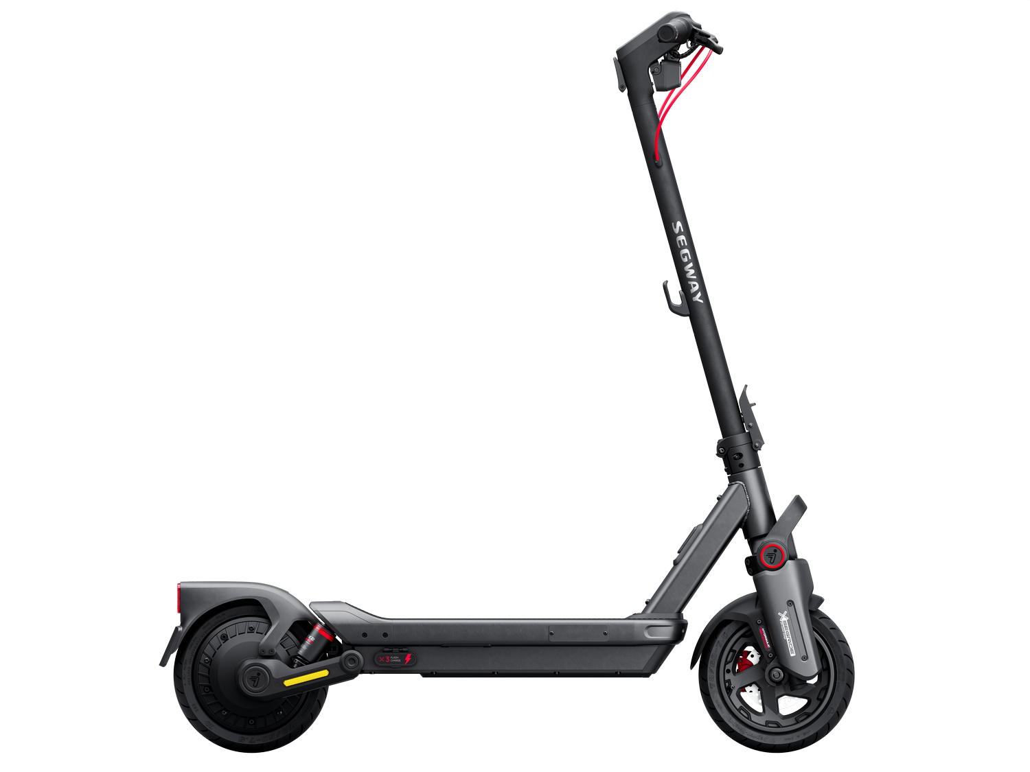 Un scooter eléctrico Segway negro, visto desde un costado.