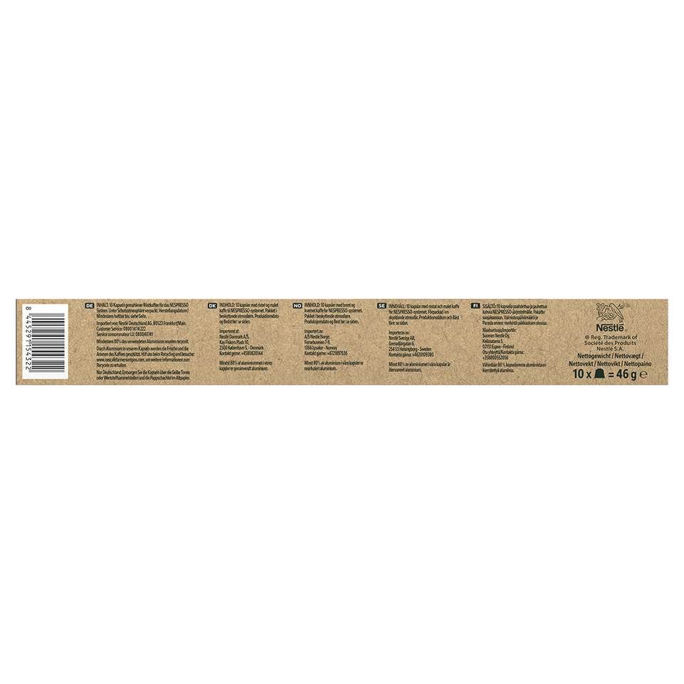 Braune Schachtel mit Nespresso-Kaffeekapseln, Text in mehreren Sprachen und Markendetails.