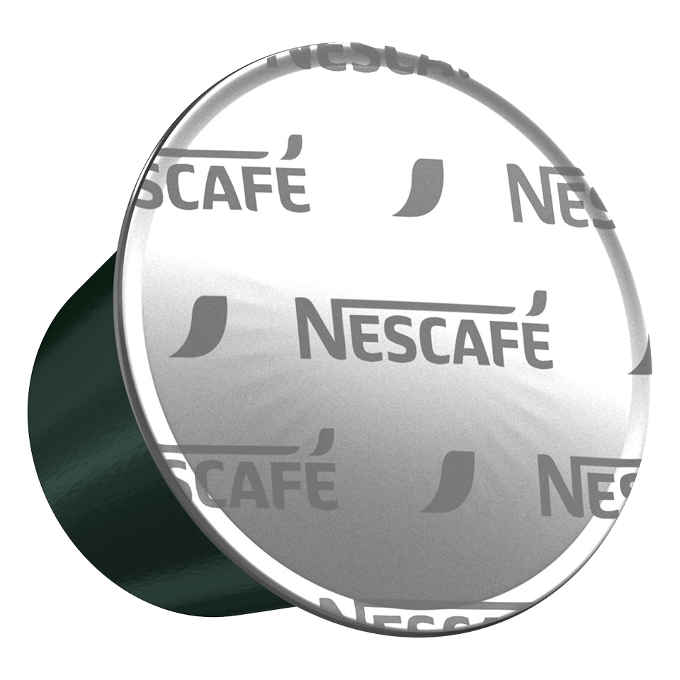 Nescafé Kaffeekapsel, silberfarben mit grünen Seiten. Das Nescafé-Logo ist deutlich sichtbar.