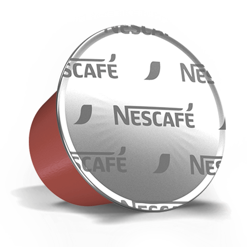 Rote Nescafé-Kaffeekapsel mit silbernem Deckel, Ansicht von der Seite. Markenname sichtbar.
