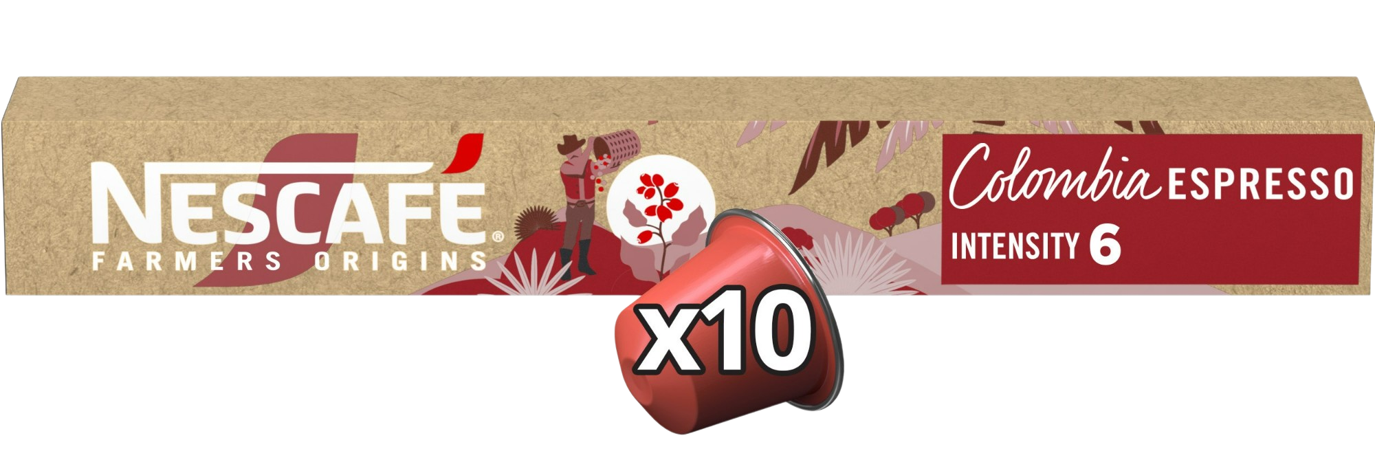 Nescafe Kaffeekapseln in einer Box mit 'Farmers Origins' Branding. Rote Kapsel mit x10 drauf.